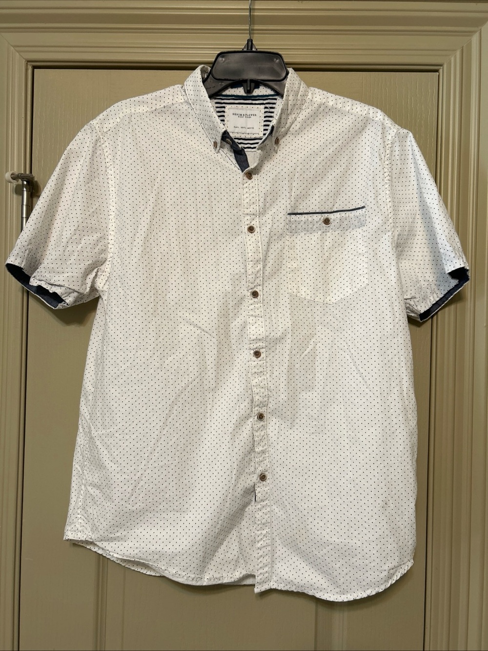 Denim & Flower Ricky Singh Mens Large White Navy Polka Dot Button Up